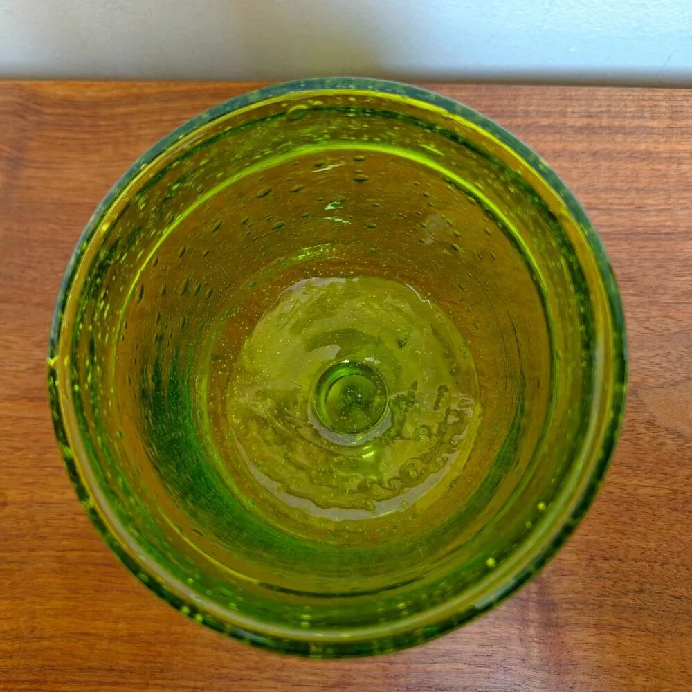 Vintage Hand Blown Art Glass Green Bubble Footed Small Vase Candle Holder